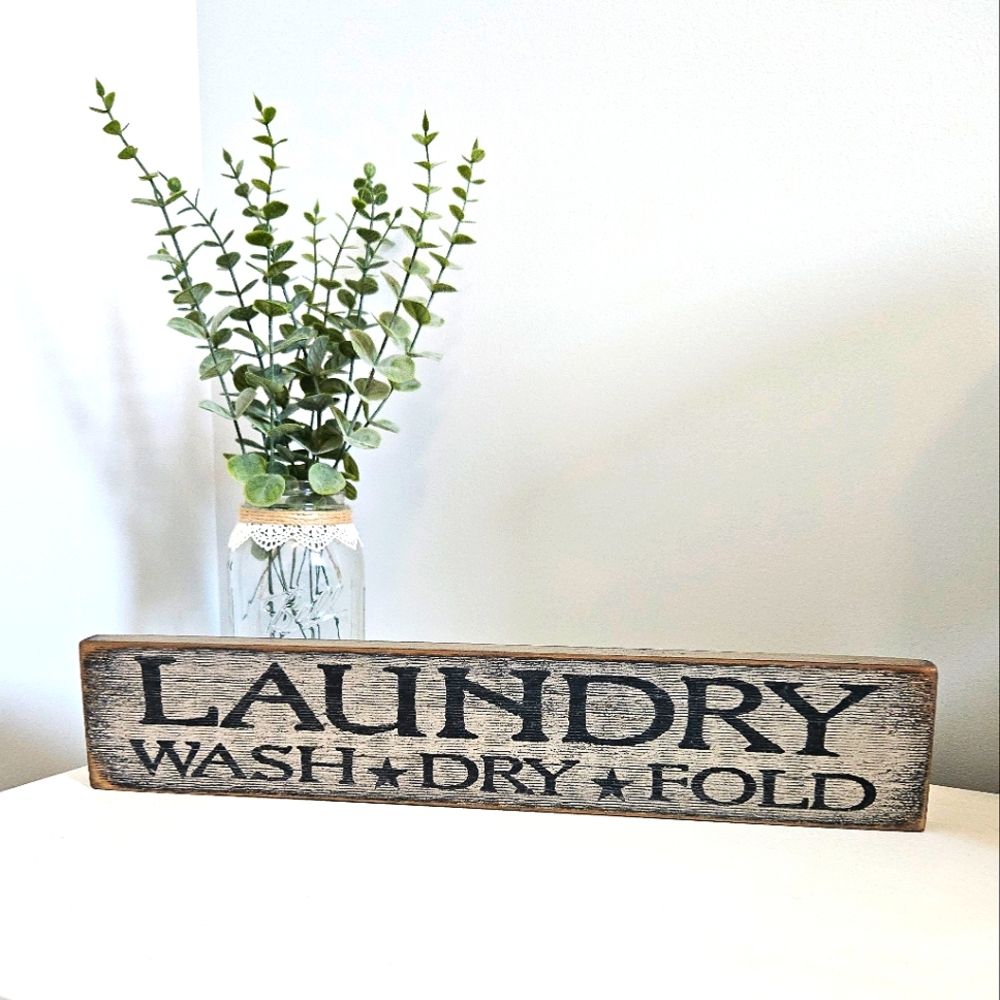 Home Decor: Charcoal Gray Black Rectangle LAUNDRY WASH DRY FOLD Wooden Sign